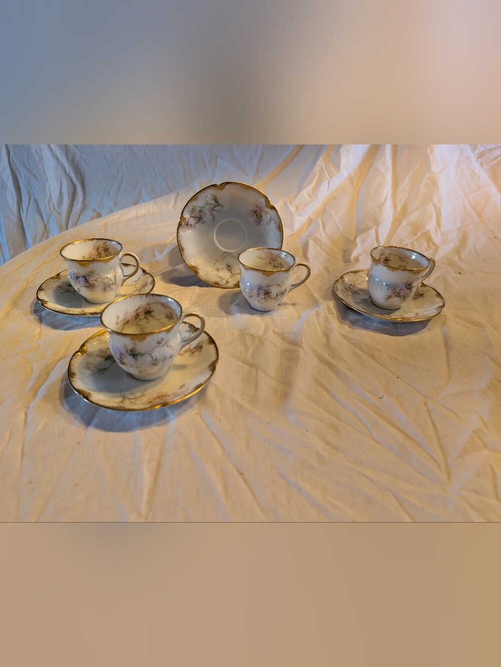 2/100$ Limoges Porcelain Demitasse Cups & Saucers with Pink Floral and Gold Trim